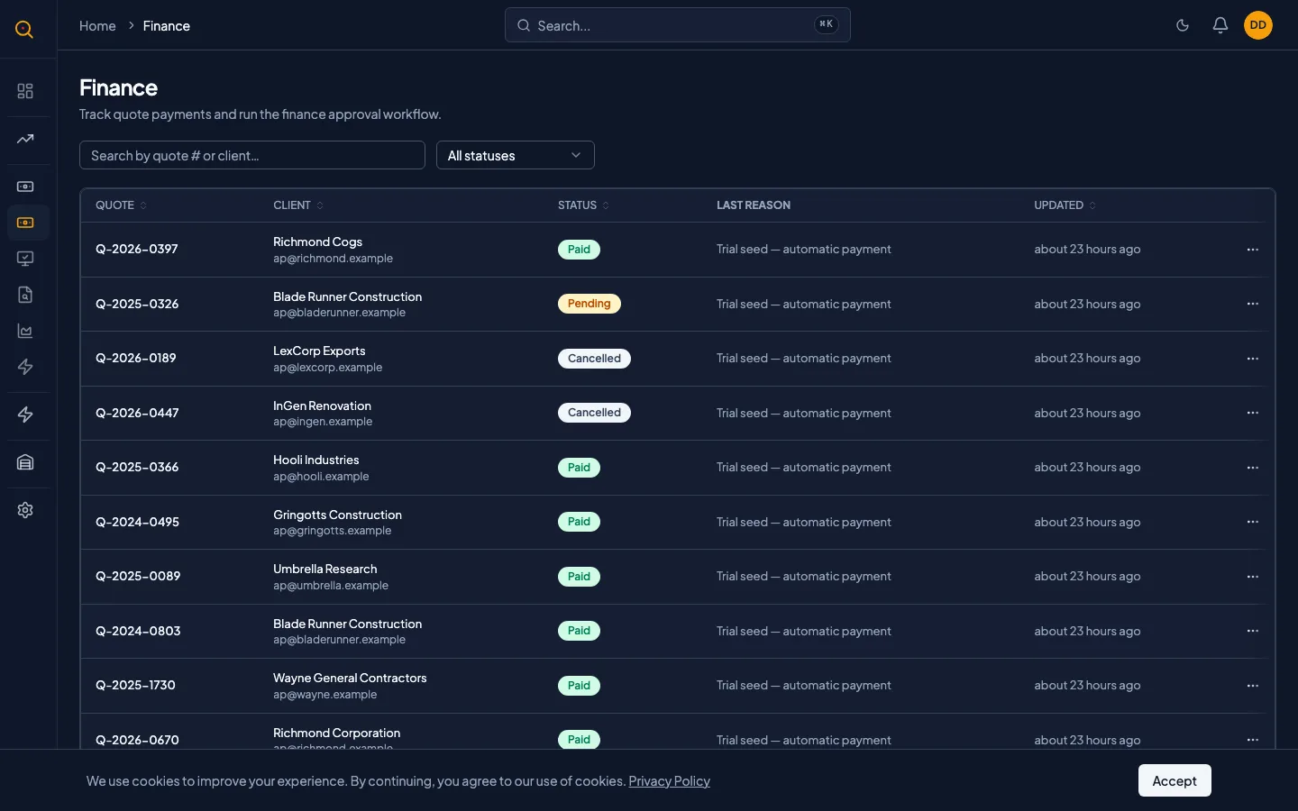 The finance dashboard showing all payments with their statuses, client names, dates, and action menus