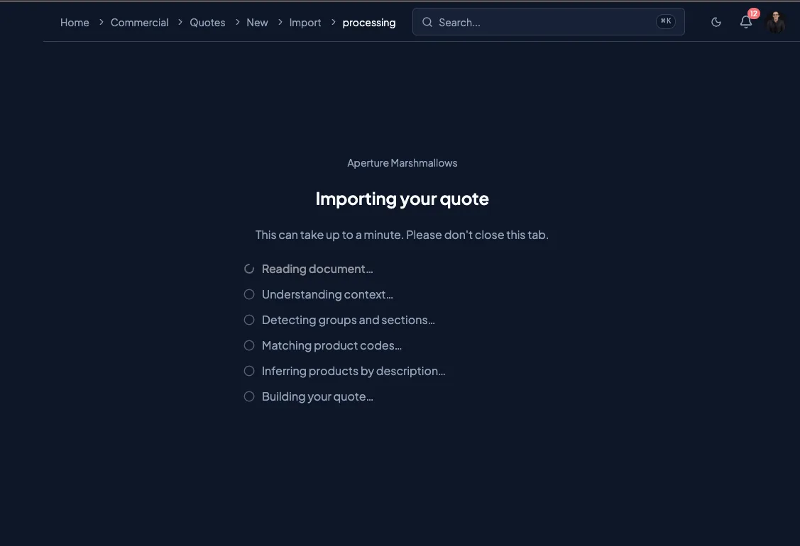 Quotery AI import dashboard showing a supplier PDF converted to items